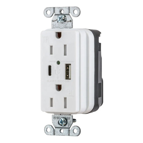 Hubbell SNAP15UACW, SNAPConnect USB Charger Duplex Receptacles, Tamper Resistant, Style Line Decorator, Type A and Type-C Port, 15A 125V, 5-15R, 2-Pole 3-Wire Grounding, White