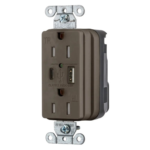 Hubbell SNAP15UAC, SNAPConnect USB Charger Duplex Receptacles, Tamper Resistant, Style Line Decorator, Type A and Type-C Port, 15A 125V, 5-15R, 2-Pole 3-Wire Grounding, Brown