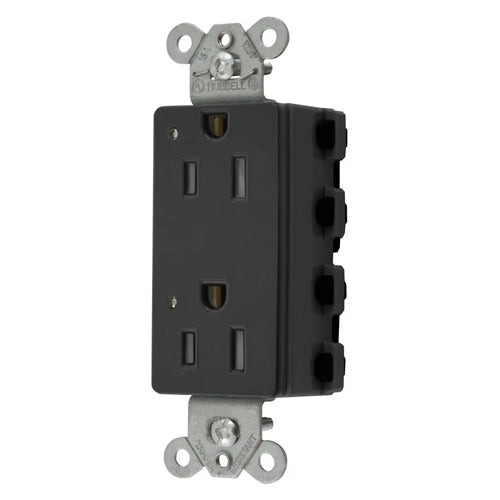 Hubbell SNAP2152BKLTRA, SNAPConnect Extra Heavy Duty Receptacles, Specification Grade, Style Line Decorator, Tamper Resistant, LED Indicator, 15A 125V, 5-15R, 2-Pole 3-Wire Grounding, Black