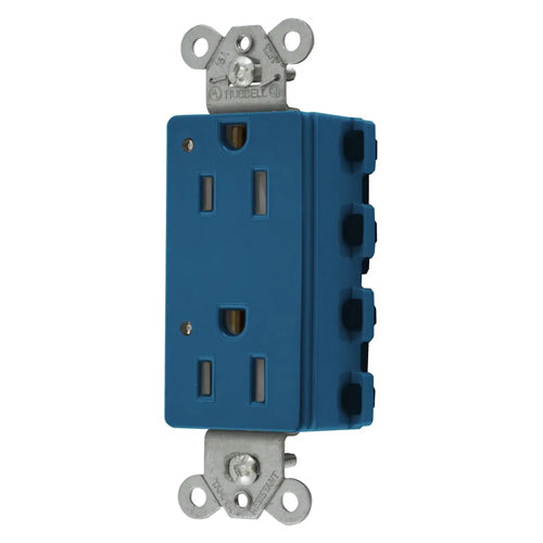 Hubbell SNAP2152BLLTRA, SNAPConnect Extra Heavy Duty Receptacles, Specification Grade, Style Line Decorator, Tamper Resistant, LED Indicator, 15A 125V, 5-15R, 2-Pole 3-Wire Grounding, Blue