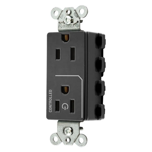 Hubbell SNAP2152C1BK, SNAPConnect Permanently Marked Receptacles, Style Line Decorator, Duplex, One Controlled Face, Split Circuit Hot Tab, 15A 125V, 5-15R, 2-Pole 3-Wire Grounding, Black