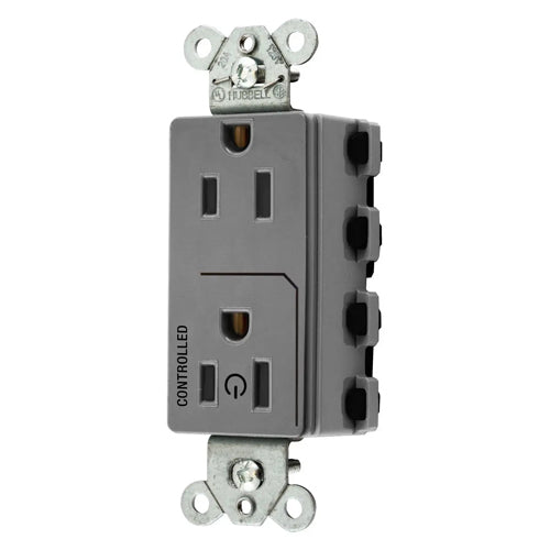 Hubbell SNAP2152C1GY, SNAPConnect Permanently Marked Receptacles, Style Line Decorator, Duplex, One Controlled Face, Split Circuit Hot Tab, 15A 125V, 5-15R, 2-Pole 3-Wire Grounding, Gray