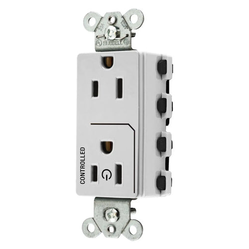 Hubbell SNAP2152C1W, SNAPConnect Permanently Marked Receptacles, Style Line Decorator, Duplex, One Controlled Face, Split Circuit Hot Tab, 15A 125V, 5-15R, 2-Pole 3-Wire Grounding, White