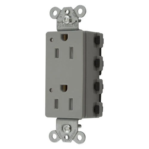 Hubbell SNAP2152GYLTRA, SNAPConnect Extra Heavy Duty Receptacles, Specification Grade, Style Line Decorator, Tamper Resistant, LED Indicator, 15A 125V, 5-15R, 2-Pole 3-Wire Grounding, Gray