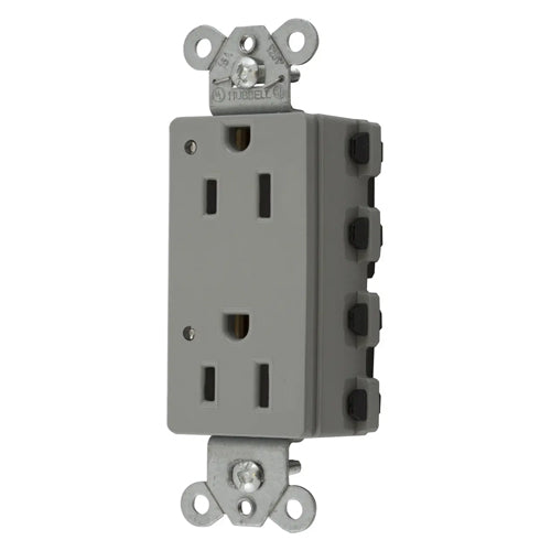 Hubbell SNAP2152GYL, SNAPConnect Extra Heavy Duty Receptacles, Specification Grade, Style Line Decorator, LED Indicator, 15A 125V, 5-15R, 2-Pole 3-Wire Grounding, Gray