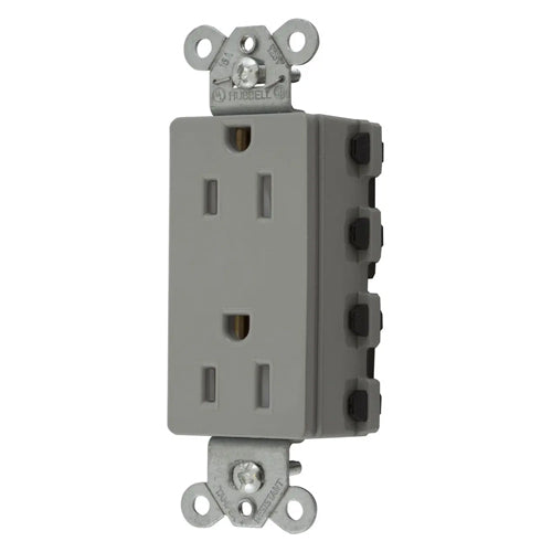 Hubbell SNAP2152GYTRA, SNAPConnect Extra Heavy Duty Receptacles, Specification Grade, Style Line Decorator, Tamper Resistant, 15A 125V, 5-15R, 2-Pole 3-Wire Grounding, Gray