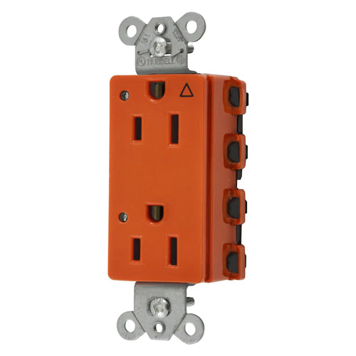 Hubbell SNAP2152IGL, SNAPConnect Extra Heavy Duty Receptacles, Specification Grade, Style Line Decorator, Isolated Ground, LED Indicator, 15A 125V, 5-15R, 2-Pole 3-Wire Grounding, Orange