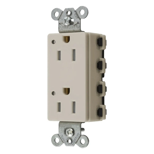 Hubbell SNAP2152LALTRA, SNAPConnect Extra Heavy Duty Receptacles, Specification Grade, Style Line Decorator, Tamper Resistant, LED Indicator, 15A 125V, 5-15R, 2-Pole 3-Wire Grounding, Light Almond