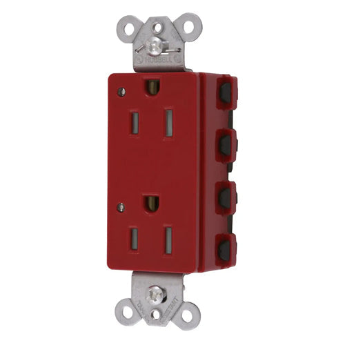 Hubbell SNAP2152RLTRA, SNAPConnect Extra Heavy Duty Receptacles, Specification Grade, Style Line Decorator, Tamper Resistant, LED Indicator, 15A 125V, 5-15R, 2-Pole 3-Wire Grounding, Red