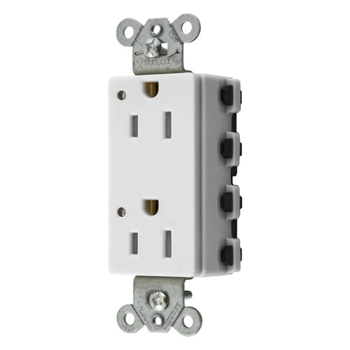 Hubbell SNAP2152WLTRA, SNAPConnect Extra Heavy Duty Receptacles, Specification Grade, Style Line Decorator, Tamper Resistant, LED Indicator, 15A 125V, 5-15R, 2-Pole 3-Wire Grounding, White