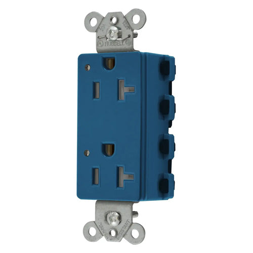 Hubbell SNAP2162BLLTRA, SNAPConnect Extra Heavy Duty Receptacles, Specification Grade, Style Line Decorator, Tamper Resistant, LED Indicator, 20A 125V, 5-20R, 2-Pole 3-Wire Grounding, Blue