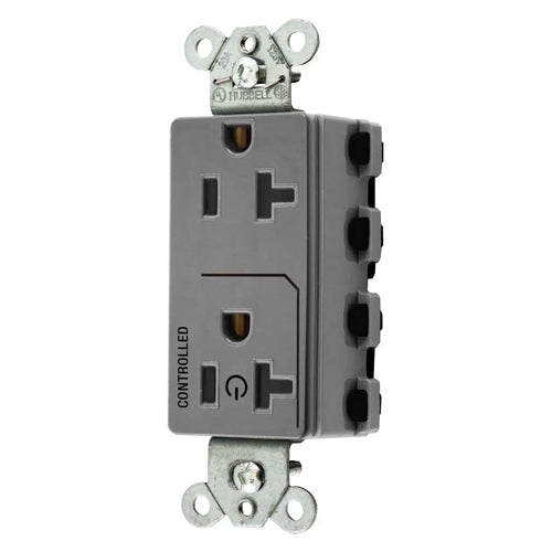 Hubbell SNAP2162C1GY, SNAPConnect Permanently Marked Receptacles, Style Line Decorator, Duplex, One Controlled Face, Split Circuit Hot Tab, 20A 125V, 5-20R, 2-Pole 3-Wire Grounding, Gray