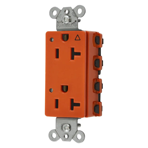 Hubbell SNAP2162IGL, SNAPConnect Extra Heavy Duty Receptacles, Specification Grade, Style Line Decorator, Isolated Ground, LED Indicator, 20A 125V, 5-20R, 2-Pole 3-Wire Grounding, Orange