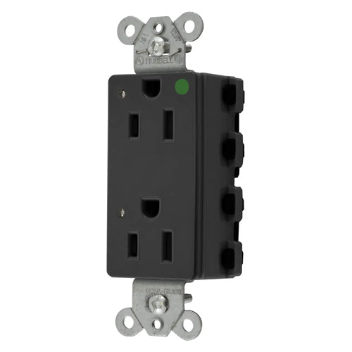 Hubbell SNAP2172BKL, SNAPConnect Extra Heavy Duty Receptacles, Style Line Decorator, Hospital Grade, LED Indicator, Nylon Face, 15A 125V, 5-15R, 2-Pole 3-Wire Grounding, Black