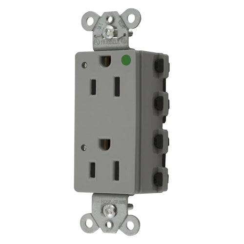 Hubbell SNAP2172GYL, SNAPConnect Extra Heavy Duty Receptacles, Style Line Decorator, Hospital Grade, LED Indicator, Nylon Face, 15A 125V, 5-15R, 2-Pole 3-Wire Grounding, Gray