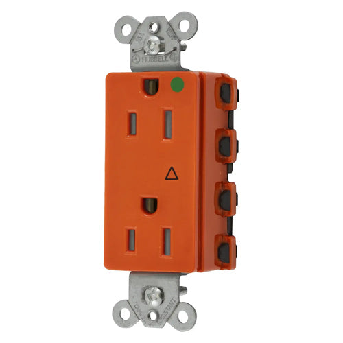 Hubbell SNAP2172IGL, SNAPConnect Extra Heavy Duty Receptacles, Style Line Decorator, Hospital Grade, Isolated Ground, LED Indicator, 15A 125V, 5-15R, 2-Pole 3-Wire Grounding, Orange