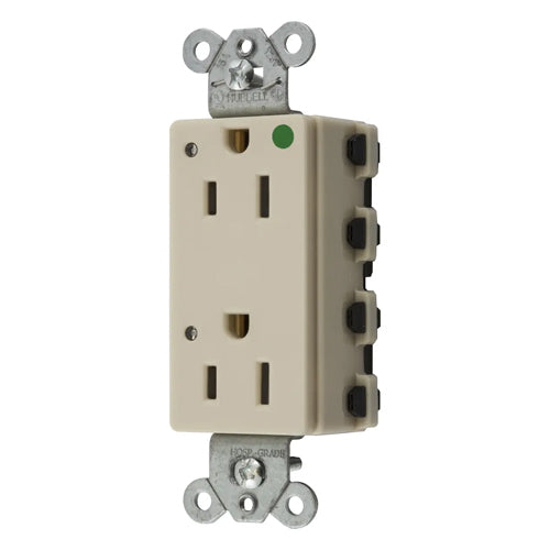 Hubbell SNAP2172IL, SNAPConnect Extra Heavy Duty Receptacles, Style Line Decorator, Hospital Grade, LED Indicator, Nylon Face, 15A 125V, 5-15R, 2-Pole 3-Wire Grounding, Ivory