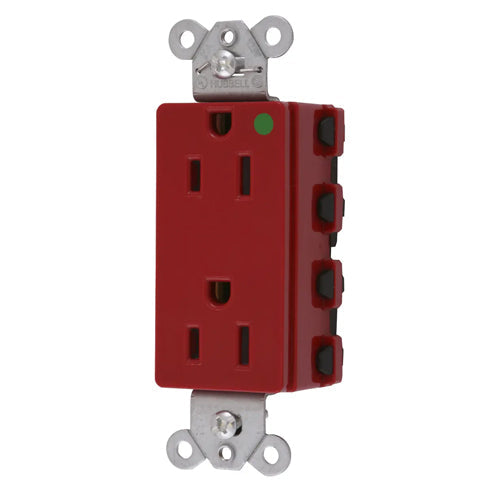 Hubbell SNAP2172RA, SNAPConnect Extra Heavy Duty Receptacles, Style Line Decorator, Hospital Grade, Nylon Face, 15A 125V, 5-15R, 2-Pole 3-Wire Grounding, Red