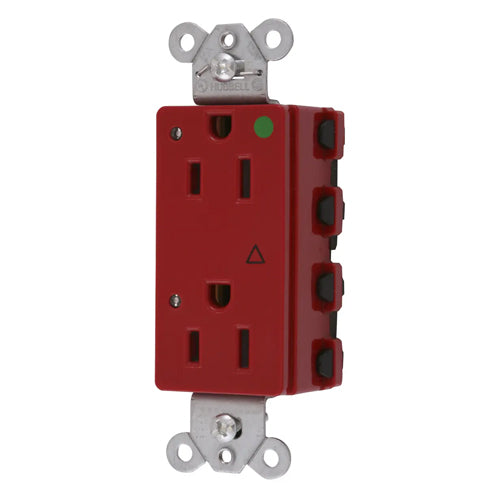 Hubbell SNAP2172RIGL, SNAPConnect Extra Heavy Duty Receptacles, Style Line Decorator, Hospital Grade, Isolated Ground, LED Indicator, 15A 125V, 5-15R, 2-Pole 3-Wire Grounding, Red