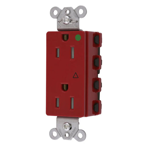 Hubbell SNAP2172RIGTRA, SNAPConnect Extra Heavy Duty Receptacles, Style Line Decorator, Hospital Grade, Isolated Ground, Tamper Resistant, 15A 125V, 5-15R, 2-Pole 3-Wire Grounding, Red