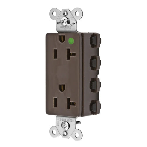 Hubbell SNAP2182A, SNAPConnect Extra Heavy Duty Receptacles, Style Line Decorator, Hospital Grade, Nylon Face, 20A 125V, 5-20R, 2-Pole 3-Wire Grounding, Brown