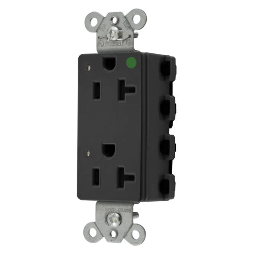 Hubbell SNAP2182BKL, SNAPConnect Extra Heavy Duty Receptacles, Style Line Decorator, Hospital Grade, LED Indicator, Nylon Face, 20A 125V, 5-20R, 2-Pole 3-Wire Grounding, Black