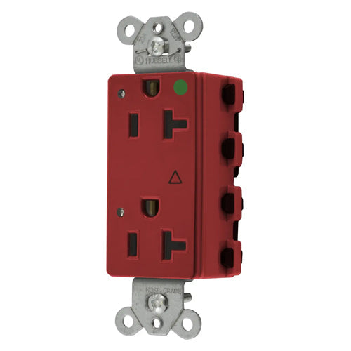 Hubbell SNAP2182RIGL, SNAPConnect Extra Heavy Duty Receptacles, Style Line Decorator, Hospital Grade, Isolated Ground, LED Indicator, 20A 125V, 5-20R, 2-Pole 3-Wire Grounding, Red