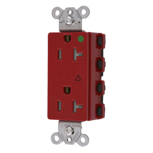 Hubbell SNAP2182RIGTRA, SNAPConnect Extra Heavy Duty Receptacles, Style Line Decorator, Hospital Grade, Isolated Ground, Tamper Resistant, 20A 125V, 5-20R, 2-Pole 3-Wire Grounding, Red