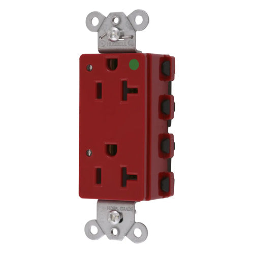 Hubbell SNAP2182RL, SNAPConnect Extra Heavy Duty Receptacles, Style Line Decorator, Hospital Grade, LED Indicator, Nylon Face, 20A 125V, 5-20R, 2-Pole 3-Wire Grounding, Red