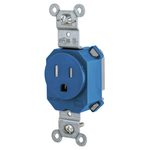 Hubbell SNAP5261BLTR, SNAPConnect Extra Heavy Duty Standard Single Receptacles, Smooth Nylon Face, Tamper Resistant, 15A 125V, 5-15R, 2-Pole 3-Wire Grounding, Blue