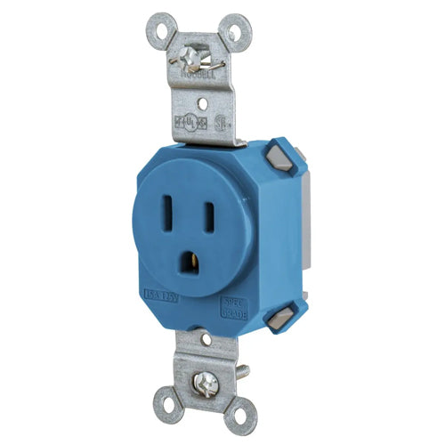 Hubbell SNAP5261BL, SNAPConnect Extra Heavy Duty Standard Single Receptacles, Smooth Nylon Face, 15A 125V, 5-15R, 2-Pole 3-Wire Grounding, Blue