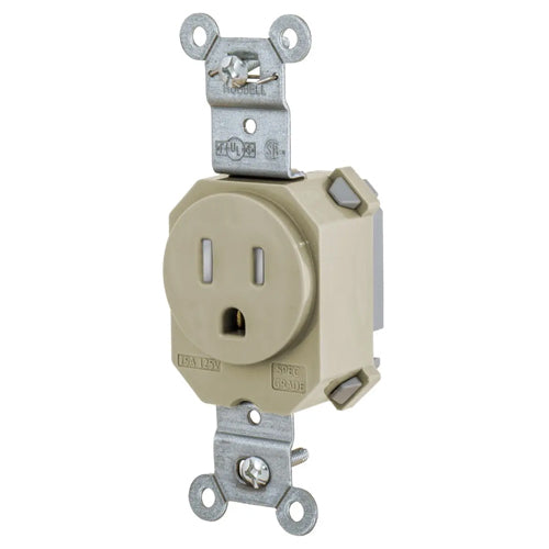 Hubbell SNAP5261ITR, SNAPConnect Extra Heavy Duty Standard Single Receptacles, Smooth Nylon Face, Tamper Resistant, 15A 125V, 5-15R, 2-Pole 3-Wire Grounding, Ivory