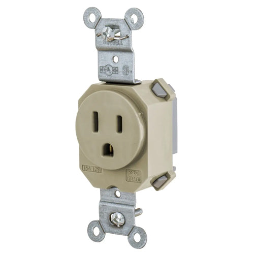 Hubbell SNAP5261I, SNAPConnect Extra Heavy Duty Standard Single Receptacles, Smooth Nylon Face, 15A 125V, 5-15R, 2-Pole 3-Wire Grounding, Ivory