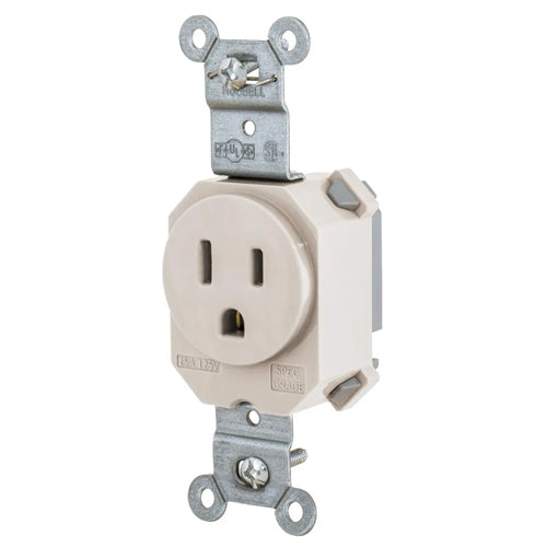 Hubbell SNAP5261LA, SNAPConnect Extra Heavy Duty Standard Single Receptacles, Smooth Nylon Face, 15A 125V, 5-15R, 2-Pole 3-Wire Grounding, Light Almond