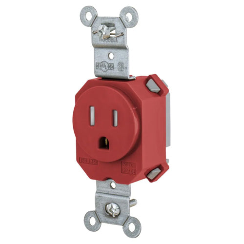 Hubbell SNAP5261RTR, SNAPConnect Extra Heavy Duty Standard Single Receptacles, Smooth Nylon Face, Tamper Resistant, 15A 125V, 5-15R, 2-Pole 3-Wire Grounding, Red