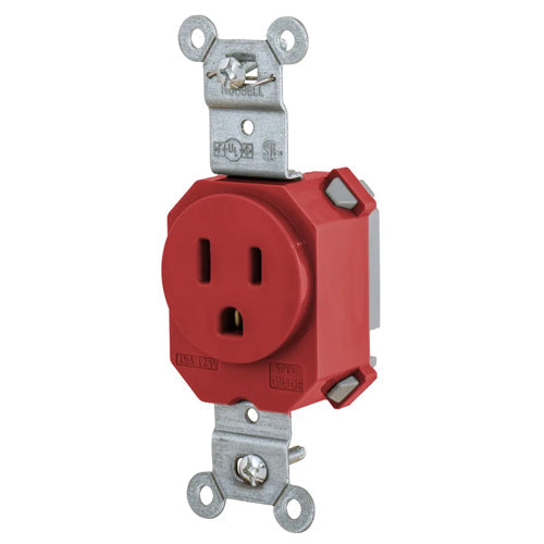 Hubbell SNAP5261R, SNAPConnect Extra Heavy Duty Standard Single Receptacles, Smooth Nylon Face, 15A 125V, 5-15R, 2-Pole 3-Wire Grounding, Red