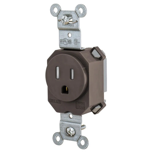 Hubbell SNAP5261TR, SNAPConnect Extra Heavy Duty Standard Single Receptacles, Smooth Nylon Face, Tamper Resistant, 15A 125V, 5-15R, 2-Pole 3-Wire Grounding, Brown