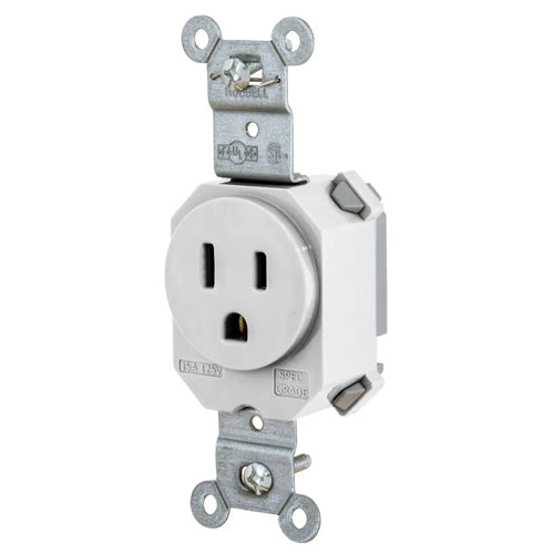 Hubbell SNAP5261W, SNAPConnect Extra Heavy Duty Standard Single Receptacles, Smooth Nylon Face, 15A 125V, 5-15R, 2-Pole 3-Wire Grounding, White