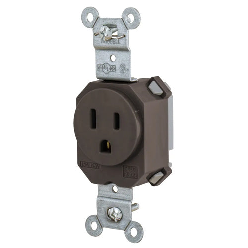 Hubbell SNAP5261, SNAPConnect Extra Heavy Duty Standard Single Receptacles, Smooth Nylon Face, 15A 125V, 5-15R, 2-Pole 3-Wire Grounding, Brown