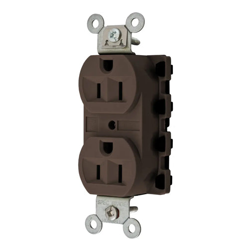 Hubbell SNAP5262A, SNAPConnect Extra Heavy Duty Receptacles, Specification Grade, Duplex, Finder Groove, Nylon Face, 15A 125V, 5-15R, 2-Pole 3-Wire Grounding, Brown