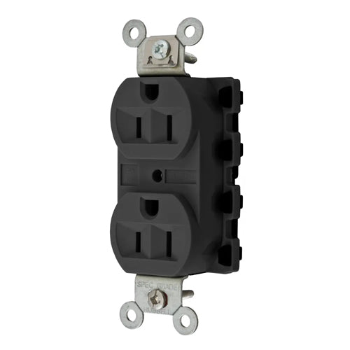 Hubbell SNAP5262BKA, SNAPConnect Extra Heavy Duty Receptacles, Specification Grade, Duplex, Finder Groove, Nylon Face, 15A 125V, 5-15R, 2-Pole 3-Wire Grounding, Black