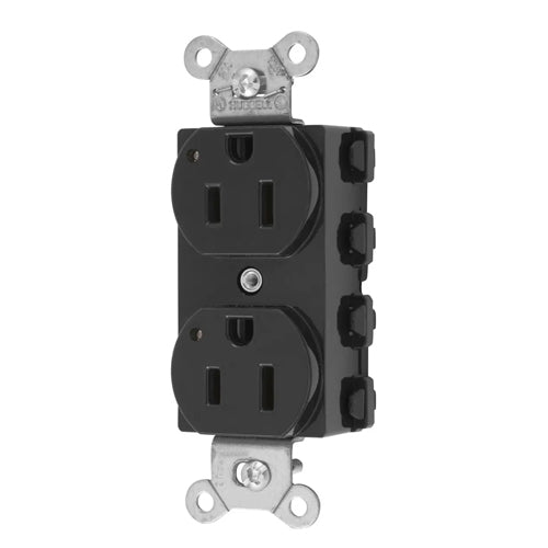 Hubbell SNAP5262BKL, SNAPConnect Extra Heavy Duty Receptacles, Specification Grade, Duplex, LED Indicator, Smooth Nylon Face, 15A 125V, 5-15R, 2-Pole 3-Wire Grounding, Black