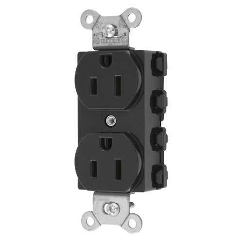 Hubbell SNAP5262BKNA, SNAPConnect Extra Heavy Duty Receptacles, Specification Grade, Duplex, Smooth, Nylon Face, 15A 125V, 5-15R, 2-Pole 3-Wire Grounding, Black