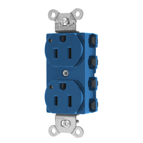 Hubbell SNAP5262BLL, SNAPConnect Extra Heavy Duty Receptacles, Specification Grade, Duplex, LED Indicator, Smooth Nylon Face, 15A 125V, 5-15R, 2-Pole 3-Wire Grounding, Blue