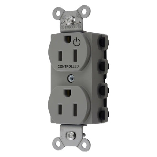 Hubbell SNAP5262C1GY, SNAPConnect Permanently Marked Receptacles, Duplex, One Controlled Face, Split Circuit Hot Tab, 15A 125V, 5-15R, 2-Pole 3-Wire Grounding, Gray