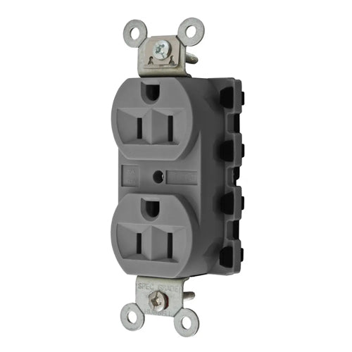 Hubbell SNAP5262GYA, SNAPConnect Extra Heavy Duty Receptacles, Specification Grade, Duplex, Finder Groove, Nylon Face, 15A 125V, 5-15R, 2-Pole 3-Wire Grounding, Gray