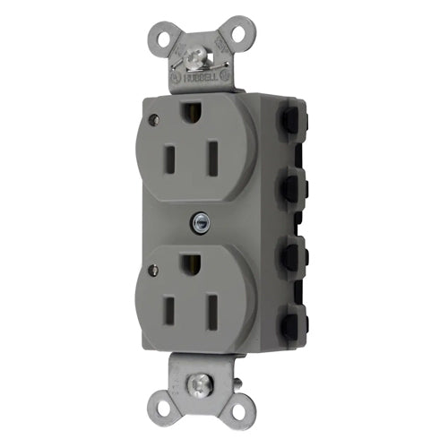 Hubbell SNAP5262GYL, SNAPConnect Extra Heavy Duty Receptacles, Specification Grade, Duplex, LED Indicator, Smooth Nylon Face, 15A 125V, 5-15R, 2-Pole 3-Wire Grounding, Gray