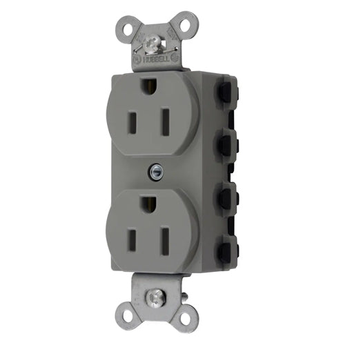 Hubbell SNAP5262GYNA, SNAPConnect Extra Heavy Duty Receptacles, Specification Grade, Duplex, Smooth, Nylon Face, 15A 125V, 5-15R, 2-Pole 3-Wire Grounding, Gray