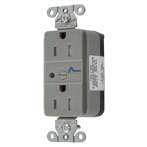 Hubbell SNAP5262GYS, SNAPConnect Surge Protection Duplex Receptacles, Tamper Resistant, LED Indicator, Smooth Face, 15A 125V, 5-15R, 2-Pole 3-Wire Grounding, Gray