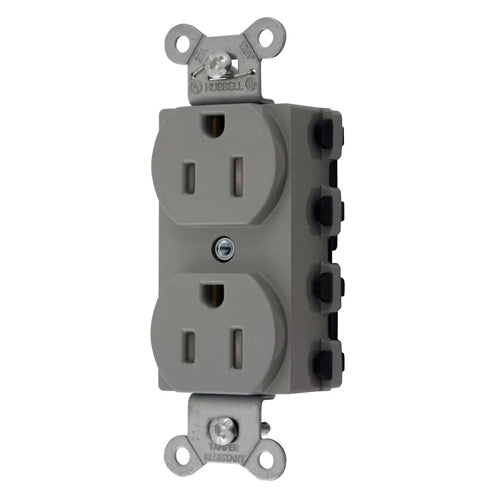 Hubbell SNAP5262GYTRA, SNAPConnect Extra Heavy Duty Receptacles, Specification Grade, Duplex, Tamper Resistant, Smooth Nylon Face, 15A 125V, 5-15R, 2-Pole 3-Wire Grounding, Gray